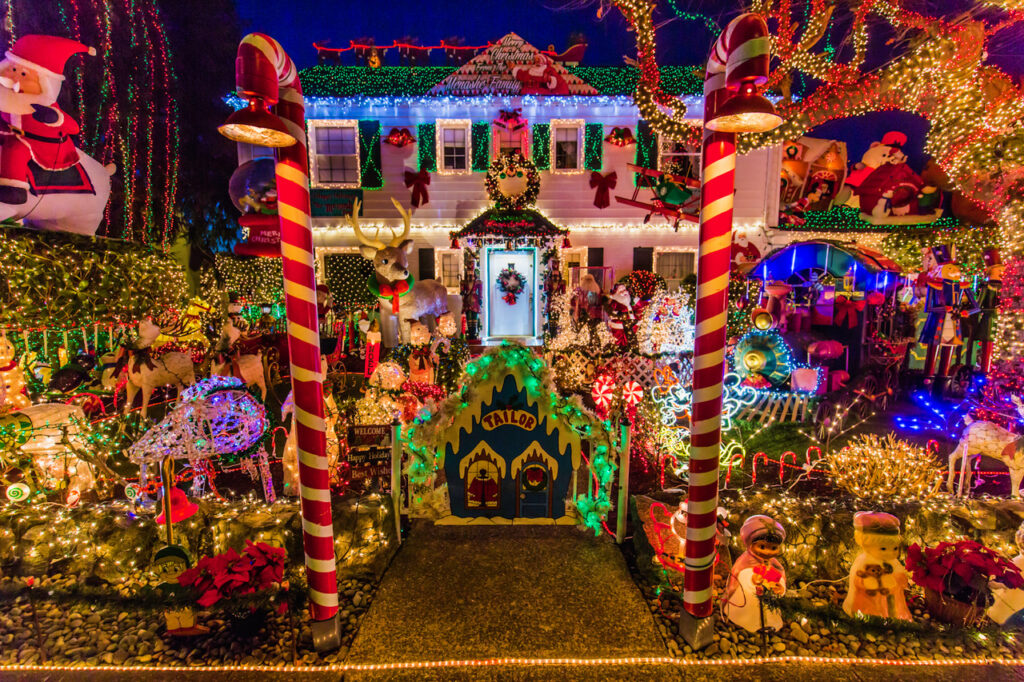 House lit up with Christmas decorations in Montlake