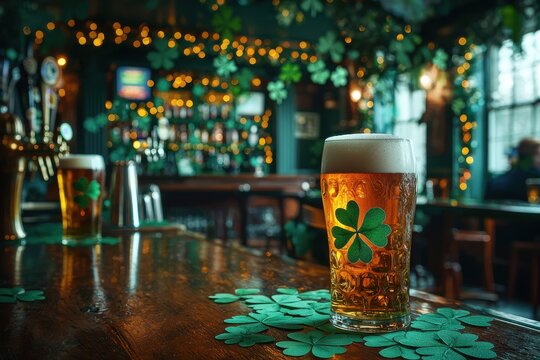 Pub with green décor and beer mugs for St. Patrick’s Day