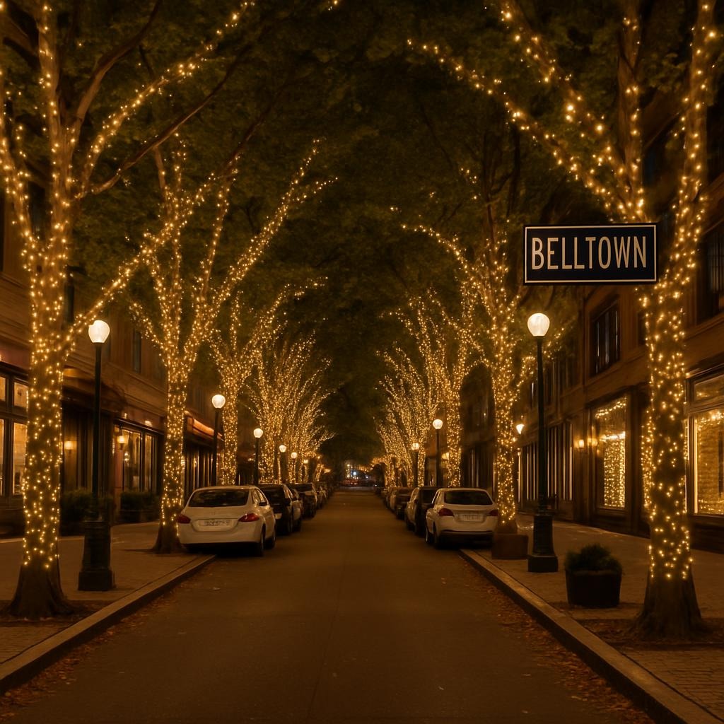 Tree-lined street in Belltown in seattle with holiday lights (Christmas)