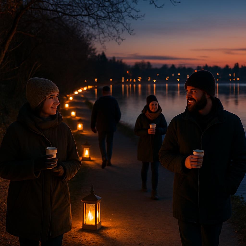 A glowing lantern-lit path around Green Lake with people in coats, holding warm drinks. Green Lake Area in Seattle