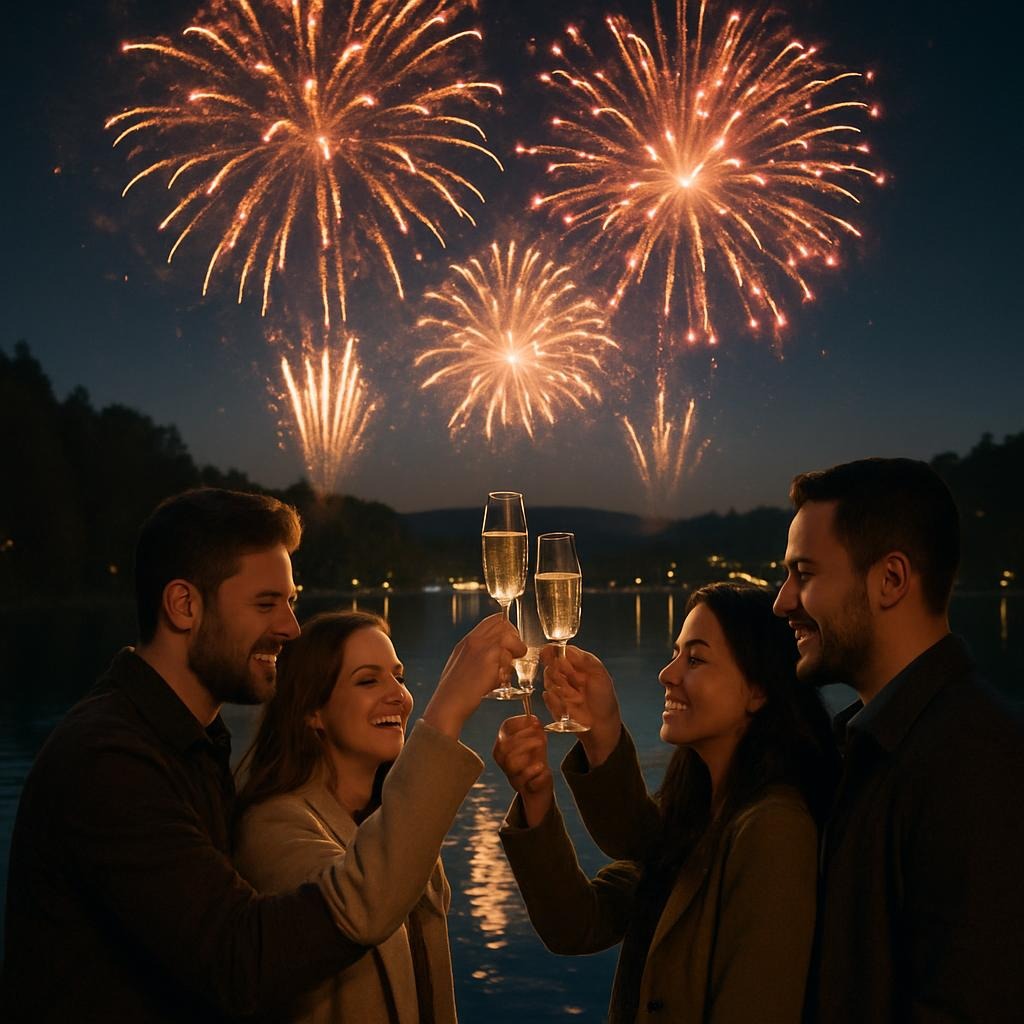 Couples toasting near the lake with fireworks in the background and twinkling lights reflected in the water.