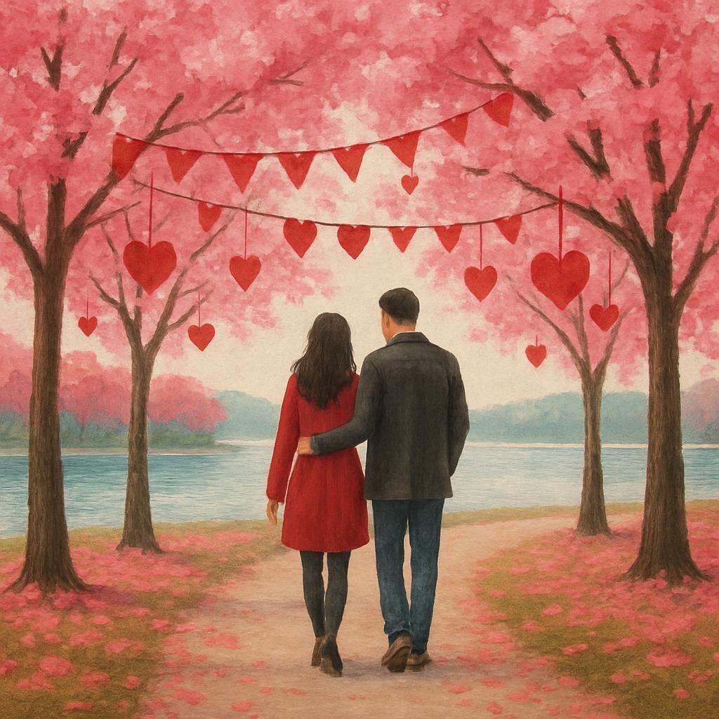 A couple walking under pink trees with Valentine’s decorations, lake in the background.