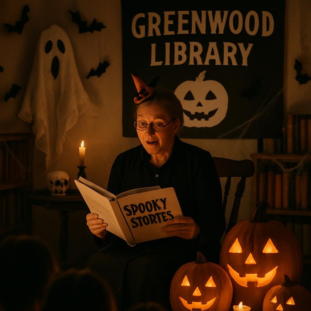 Librarian reading spooky stories at Greenwood Library Halloween event