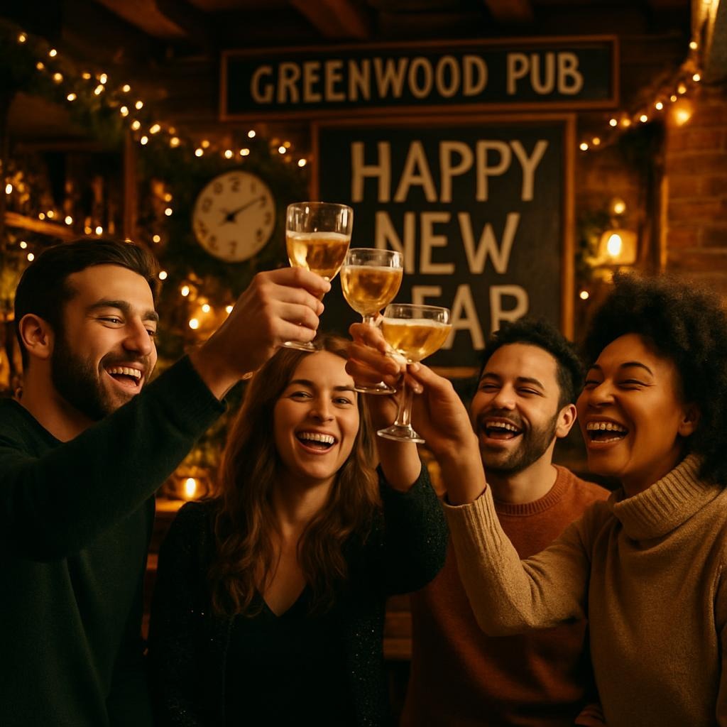 People raising glasses at a cozy Greenwood pub on New Year’s Eve