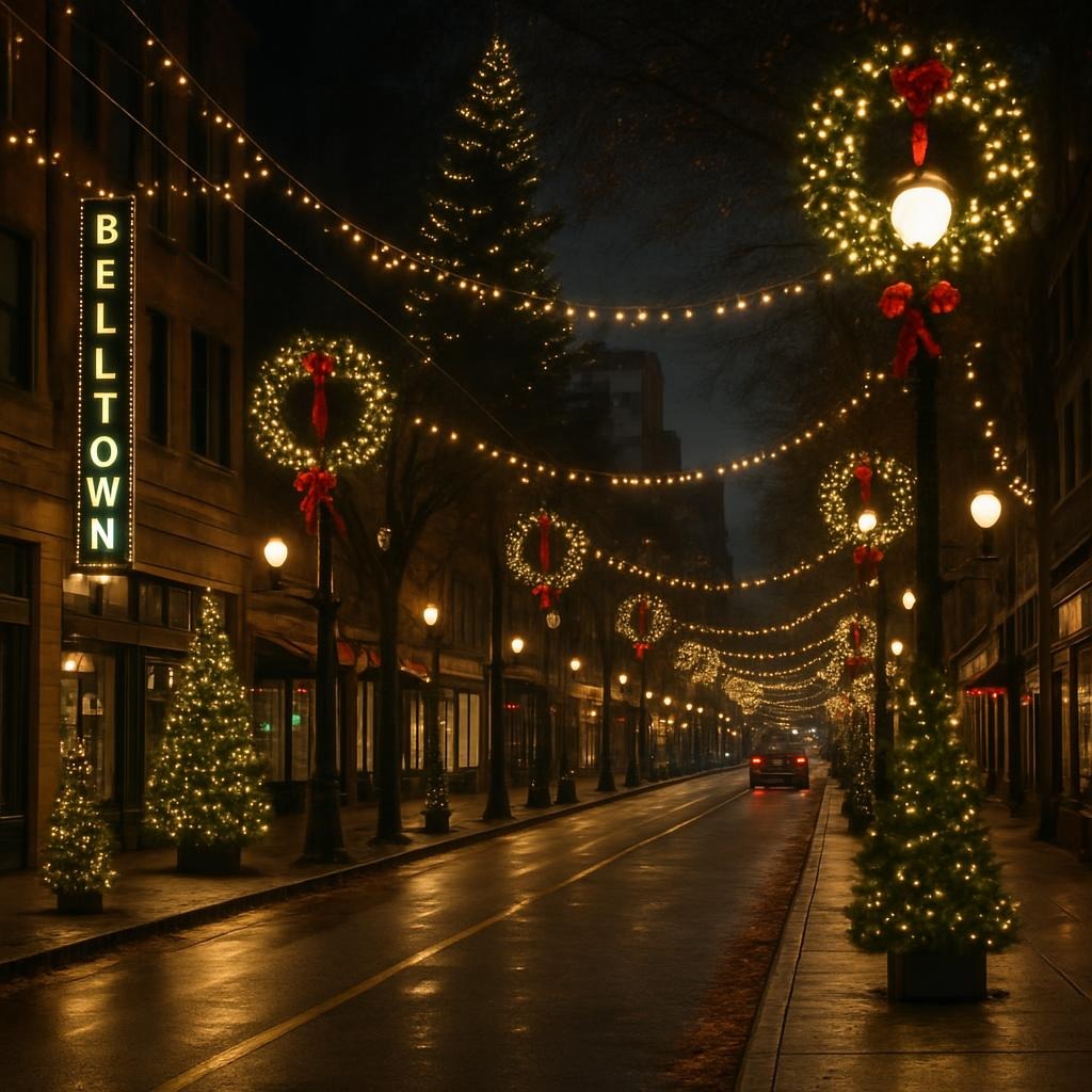 Belltown neighborhood decorated for Christmas 2025