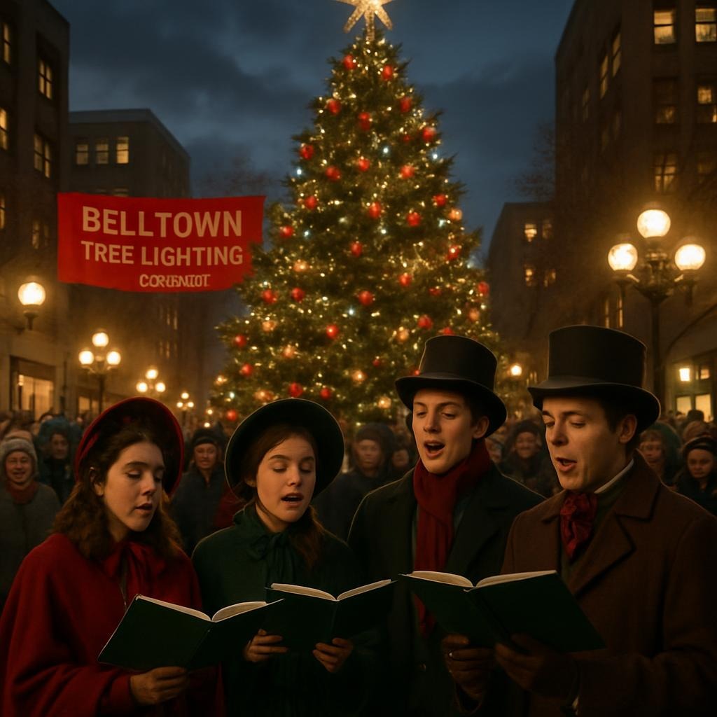 Belltown tree lighting event 2025 with carolers