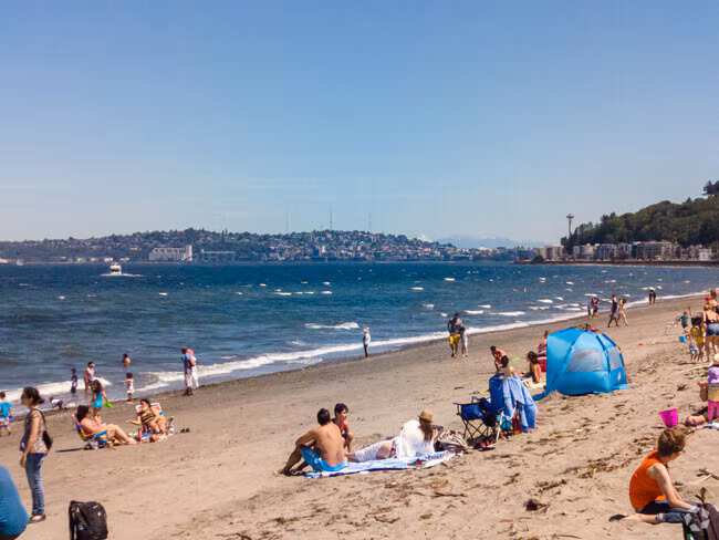 Alki Beach with visitors walking along the shore and Seattle skyline visible