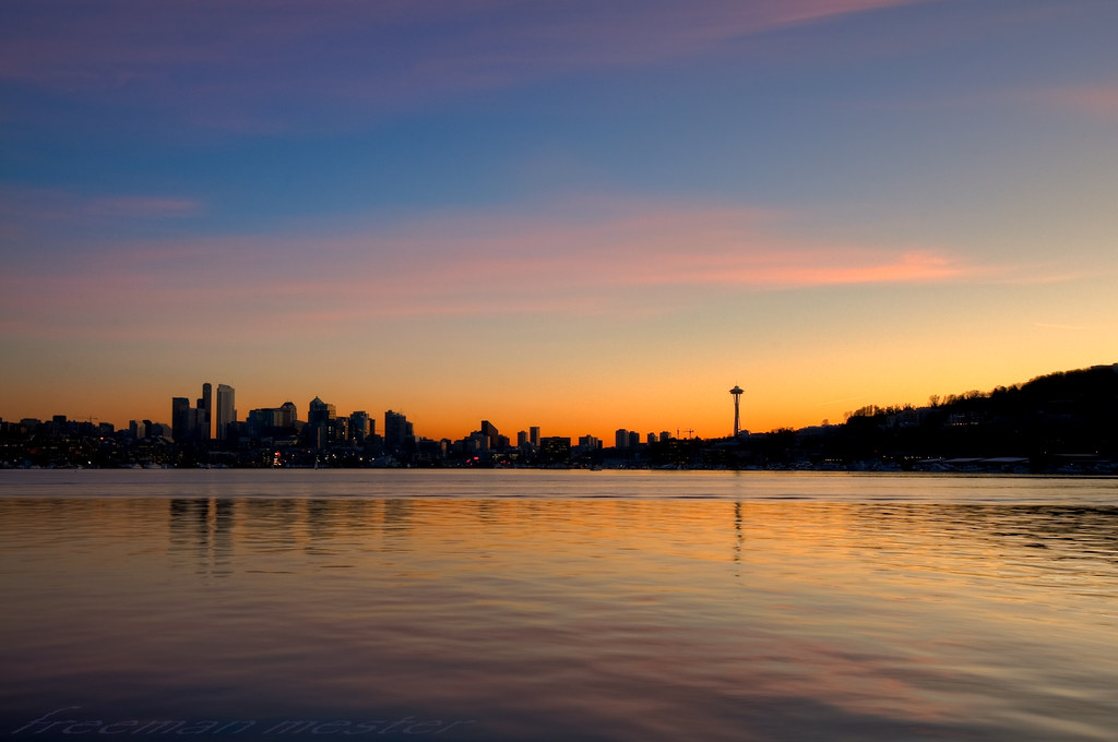 Colorful sunset view over Lake Union at Gas Works Park in Seattle