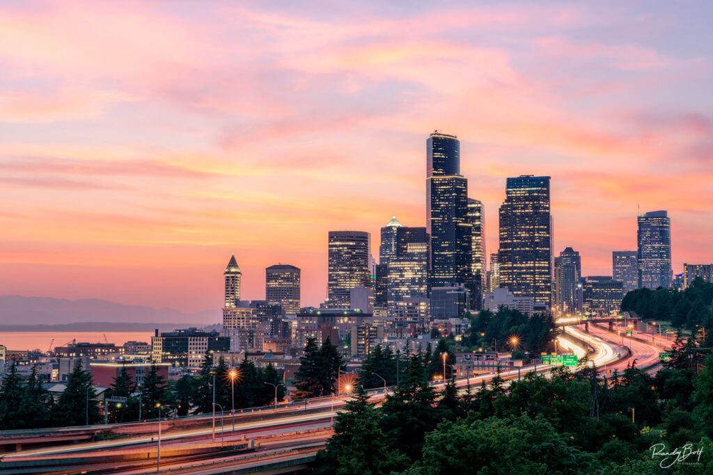 Downtown Seattle skyline with sunset glow from Dr. Jose Rizal Park