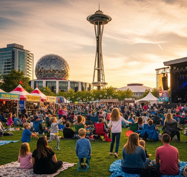 Families enjoying live music at Bumbershoot Festival Seattle Labor Day 2025.