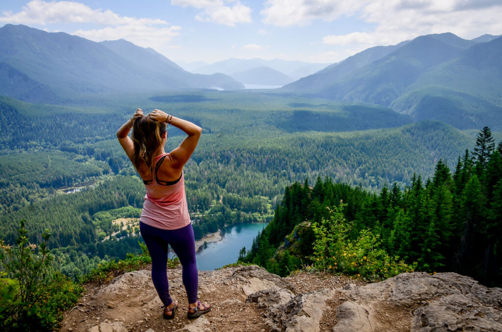 Hikers enjoying scenic views at Rattlesnake Ledge during Labor Day weekend 2025.